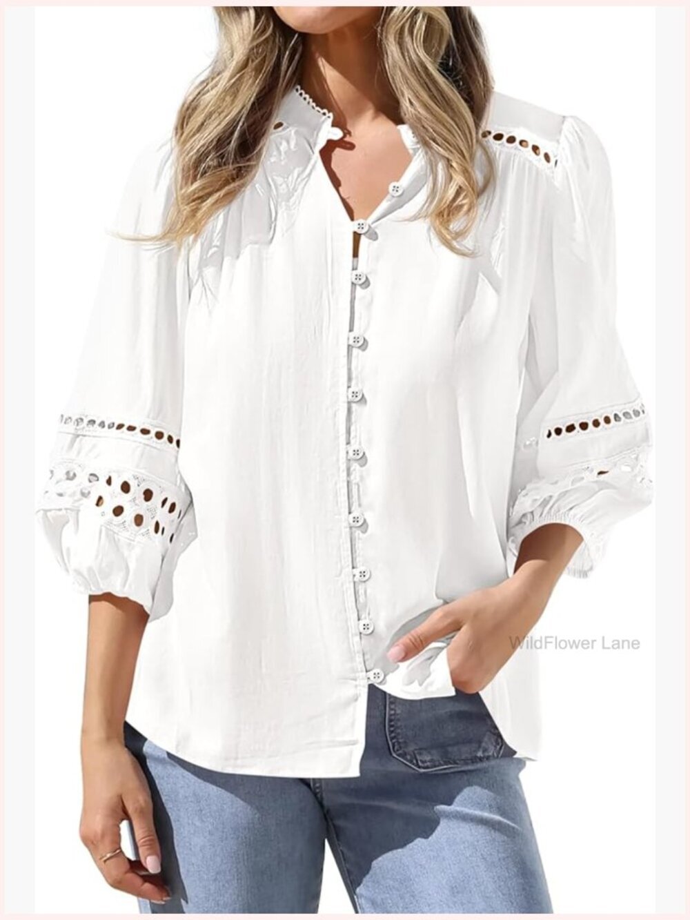 Women's Boho Eyelet Blouse 3/4 Sleeve Button Down Shirt